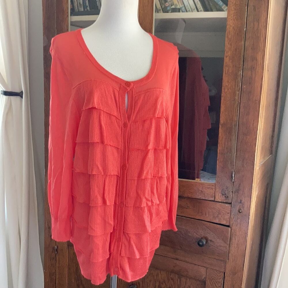 Talbots Peach Ruffled Cardigan, Size L - Picture 2 of 10
